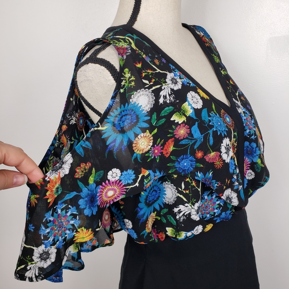 nicole by Nicole Miller Floral Black Bodycon Flutter Sleeve Midi Dress 14 - Picture 8 of 11